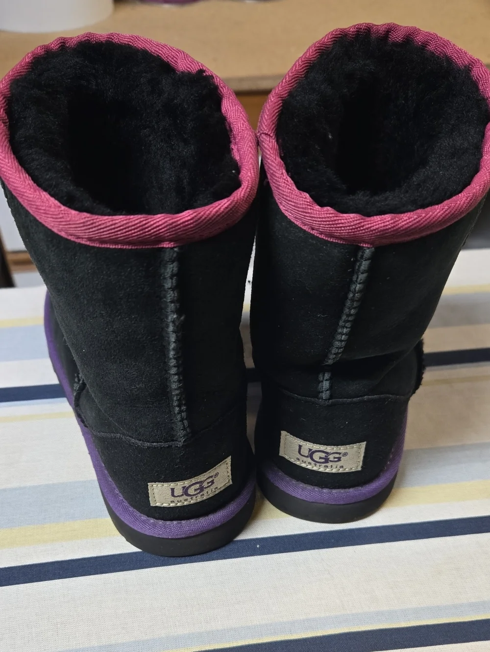 UGG Black Suede Mid-Calf Boots with Pink Trim and Purple Soles